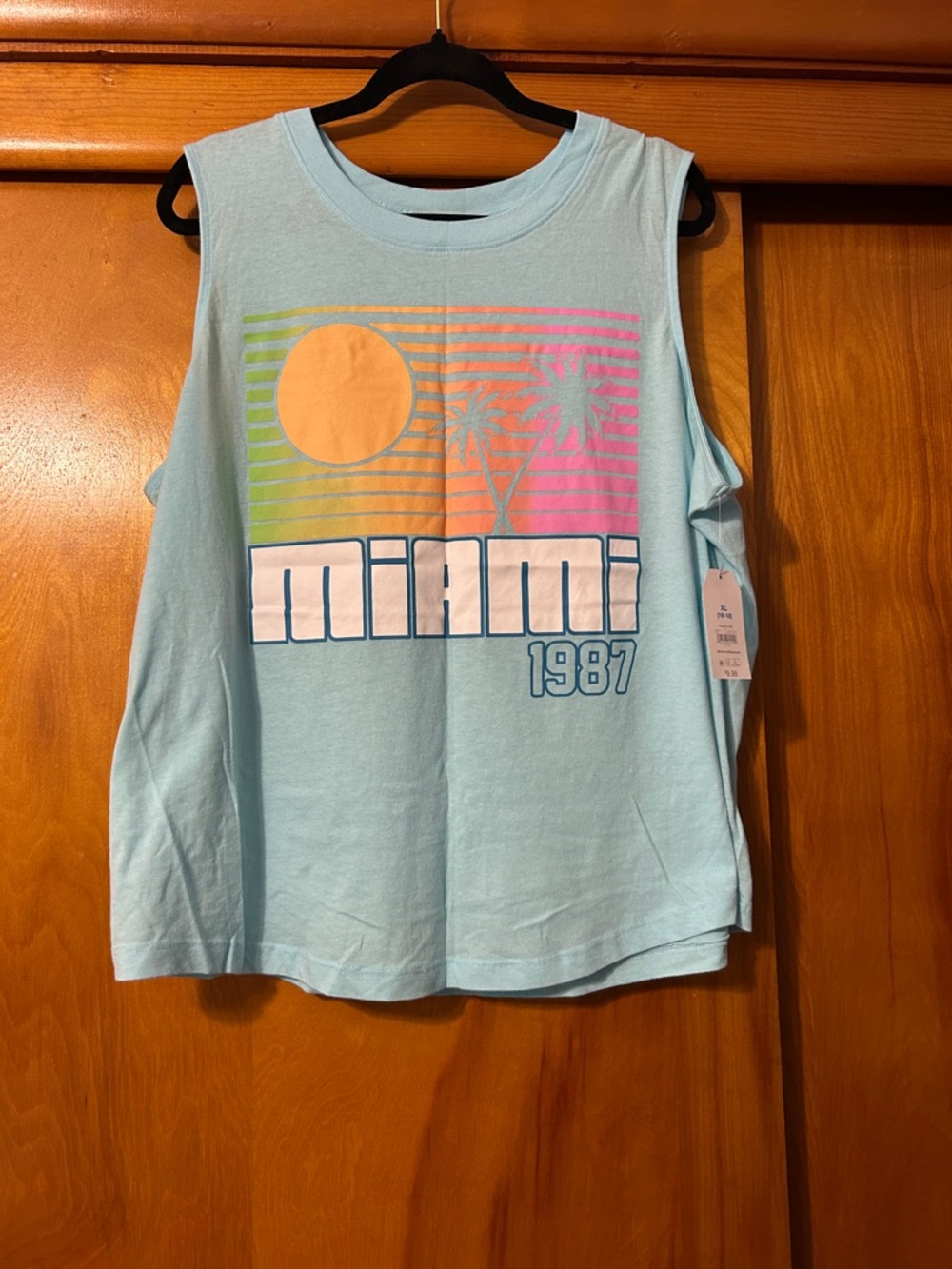 Time and Tru Light Blue Miami Graphic Tank Top with Pastel Sunset
